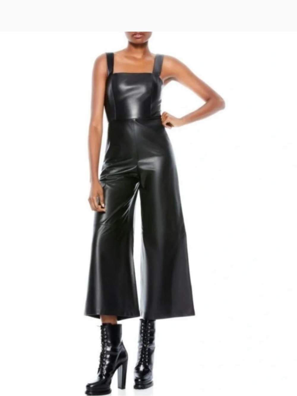 Alice + Olivia Avelina Black Faux Leather Wide-Leg Jumpsuit- Size 6